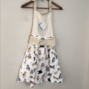Envogue Cat Print Apron pockets tan cream stripes back tie 100% cotton